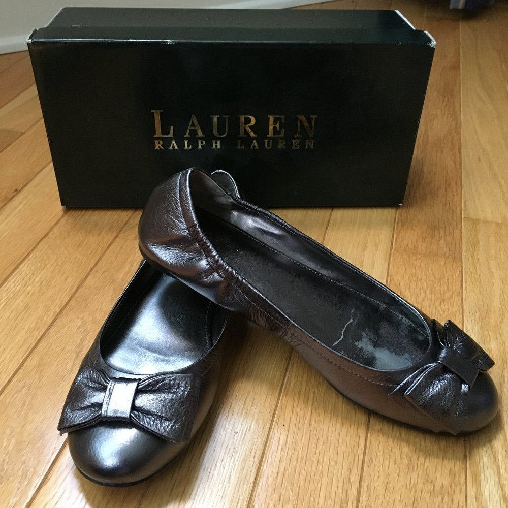 LAUREN Ralph Lauren Evelia Graphite Bow Ballet Leather Flat Size 8